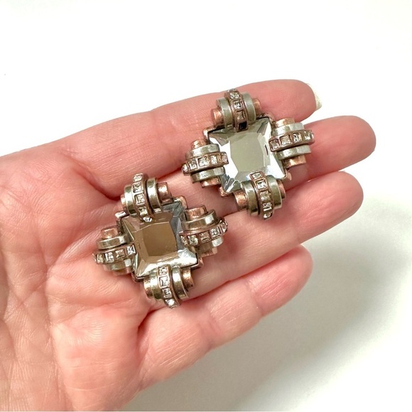 Vintage 80’s Art Deco Great Gatsby Style Earrings Sparkly Mirror Antique Copper - Picture 2 of 6